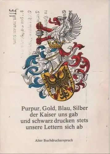 Purpur, Gold, Blau, Silber Buchdruckerspruch