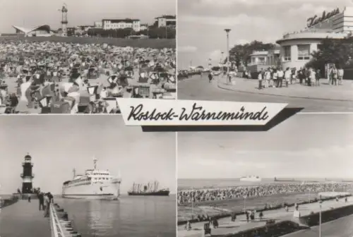 Rostock - Blick zum Leuchtturm und zur Gaststätte Teepott, HO-Gaststätte Kurhaus, An der Moleneinfahrt, Promenade mit