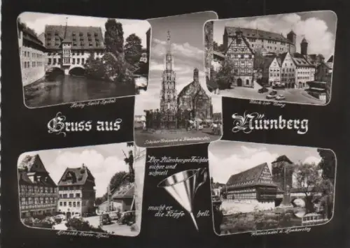 Nürnberg - Heilig-Geist-Spital, Albrecht-Dürer-Haus, Schöner Brunnen und Frauenkirche, Blick zur Burg, Weinstadel und