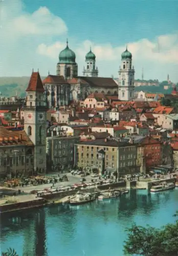 Passau - Donaupartie mit Blick auf Rathaus und Dom - 1972