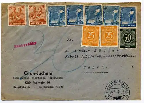 Nachportobeleg, 36 Pf., 26. 6. 1948, Ungültige Zehnfachfrankatur, Köln-Merheim nach Hagen