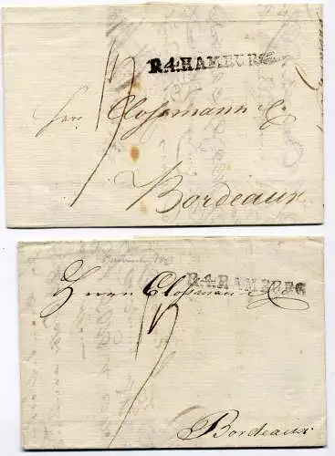 2 Stück Vorphila Faltbriefe, 1804, 1805, L1 R.4.HAMBURG nach Bordeaux, FR