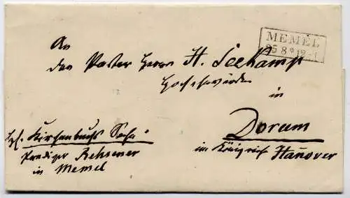 Portofreie Faltbriefhülle (Kirchensache), 1862 gelaufen ab Memel nach Dorum 