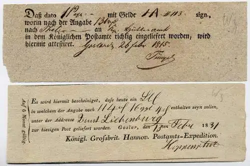 2 Stück Einlieferungsscheine für Wertbriefe, Goslar 1815 und 1831