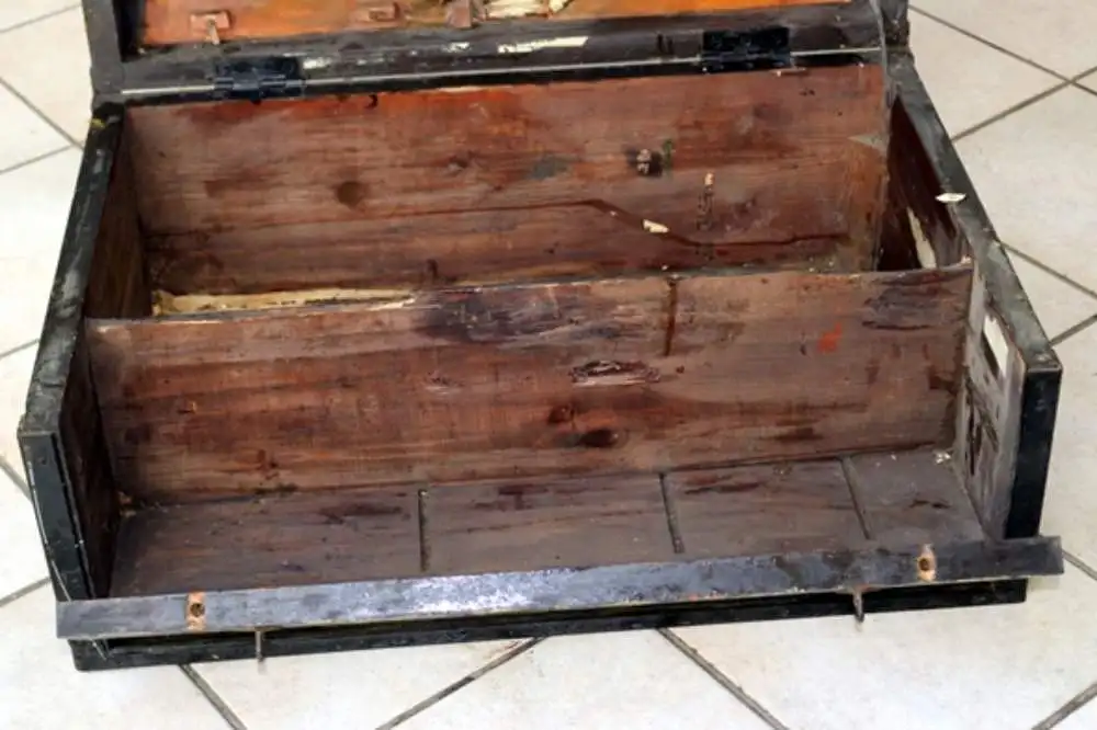 Holztruhe mit Eisenbeschlägen, bemalt 2