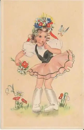 PC28076 alte Postkarte. Ein Mädchen mit Blumen und weißen Stiefeln. Besonders. Nr. 7360