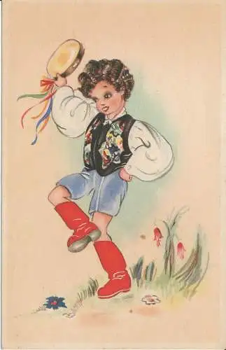 PC28075 alte Postkarte. Ein Junge mit Hut und roten Stiefeln. Besonders. Nr. 7355