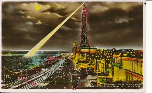 PC30876 Allgemeiner Blick auf die zentrale Promenade. Blackpool. Beleuchtet. RP. 1951