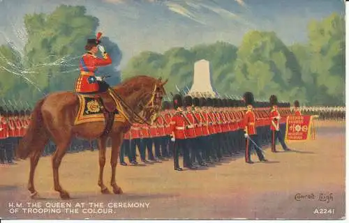 PC30468 H. M. Die Königin bei der Zeremonie der Truppenbildung der Farbe. Conrad Leigh. Geht