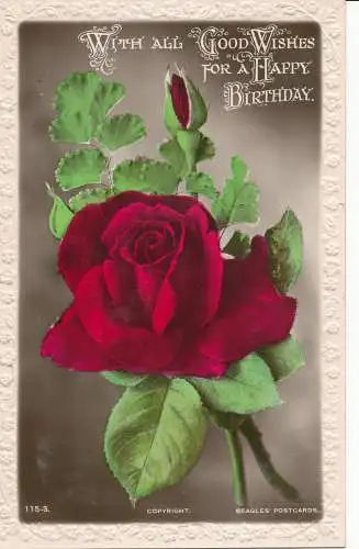 PC26826 Grüße. Mit allen guten Wünschen für alles Gute zum Geburtstag. Eine rote Rose. Beagle