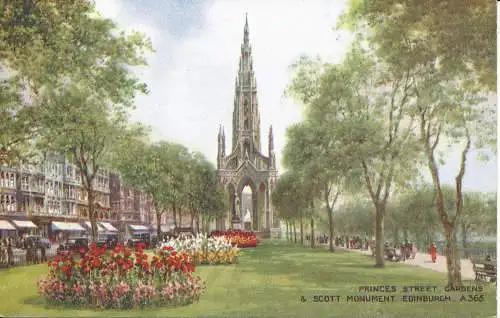 PC26614 Princes Street Gardens und Scott Monument. Edinburgh. Valentinstag. Kunstfarbe