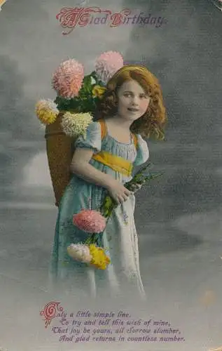 PC27020 Grußkarte. Ein froher Geburtstag. Kleines Mädchen mit Blumen