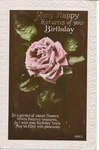 PC26830 Grüße. Viele glückliche Rücksendungen von Ihrem Geburtstag. Eine rosa Rose. RP. 1925