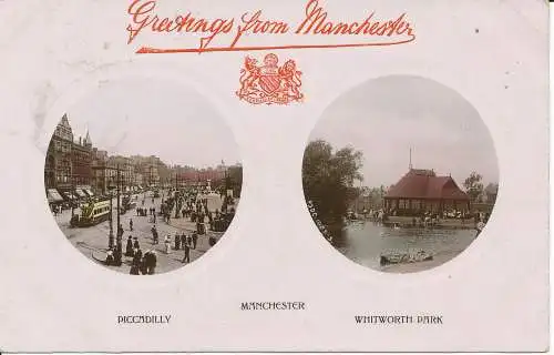PC26870 Grüße aus Manchester. Piccadilly und Whitworth Park. Schnell. 1908