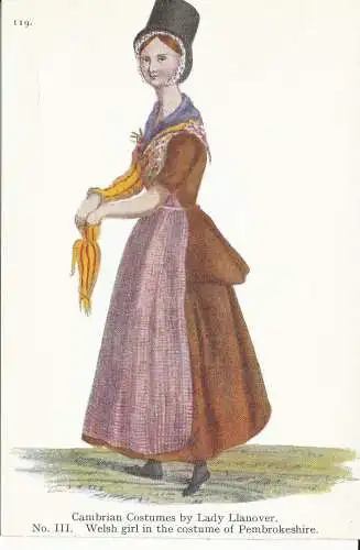 PC29439 walisisches Mädchen im Kostüm von Pembrokeshire. Kambriische Kostüme von Lady Ll