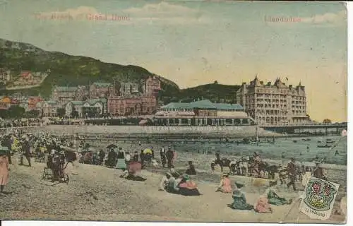 PC27573 The Beach and Grand Hotel. Llandudno. Milton. Glasette. Nr. 1430A. 1908