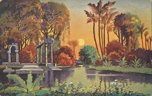 PC35114 alte Gemälde-Postkarte. See und Bäume