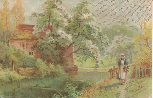 PC33436 alte Postkarte. Frau in der Nähe des Hauses. 1902