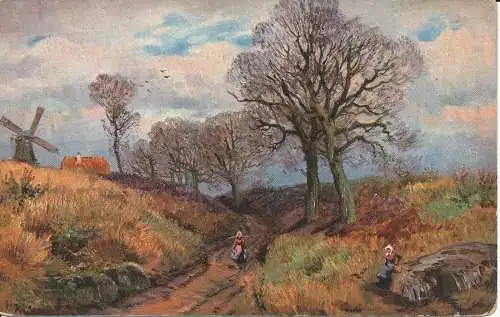 PC29861 altes Gemälde. Frau unterwegs in der Nähe der Windmühle. Ernest Nister. E. P.