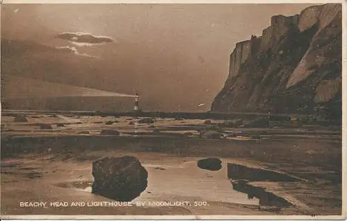 PC27555 Strandkopf und Leuchtturm. Von Moonlight. Sepia Gravur. Nr. 500