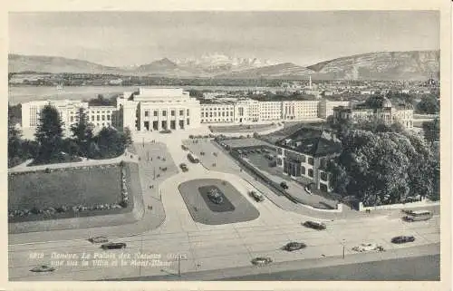 PC32227 Genf. Der Palais des Nations Unles mit Blick auf die Stadt und den Mont Blanc. J