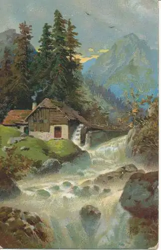 PC33546 altes Gemälde. Haus und Wasserfall. 1904