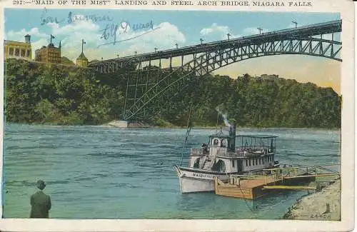 PC38772 Maid of the Mist Landing und Stahlbogenbrücke. Niagarafälle. Nr. 24458