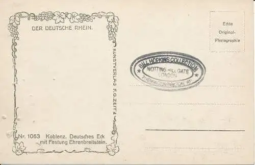 PC39790 Koblenz. Deutsches Eck mit Festung Ehrenbreitstein. F.G. Zeitz. Nr. 1063