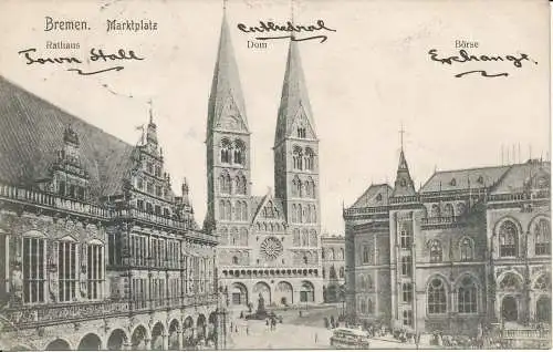 PC40362 Bremen. Marktplatz. Rathaus. Dom. Tasche. 1907. B. Hopkins