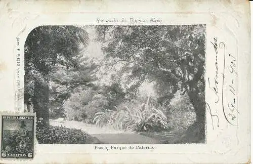 PC40448 Souvenir aus Buenos Aires. Spaziergang. Park von Palermo. F. Weiss. 1903. B. H