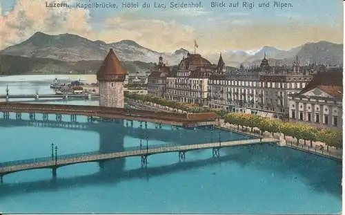 PC37983 Luzern. Kapellbrucke Hotel du Lac. Seidenhof. Blick auf Rigi und Alpen.