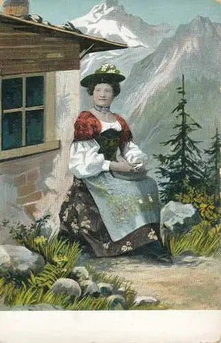 PC41338 alte Postkarte. Frau in der Nähe des Hauses und der Berge. B. Hopkins