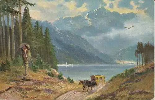 PC40798 alte Postkarte. Kutsche und Pferde auf der Straße in der Nähe von See und Berg