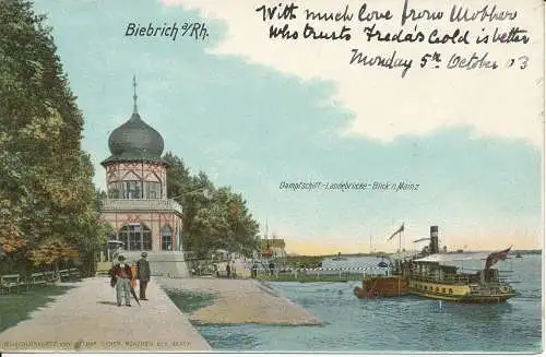 PC40614 Biebrich a. Rh. Dampfschiff Landenbrücke Blick n. Mainz. 1903. B. Hopkin