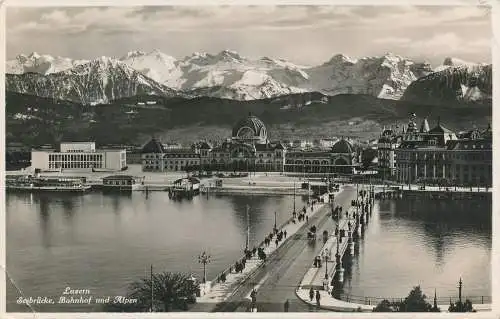 PC43711 Luzern. Seebrucke. Bahnhof und Alpen. E. Goetz. 1934