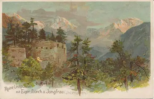 PC40499 Ruine Unspunnen mit Eiger. Monch u. Jungfrau. Nr. 3302. B. Hopkins