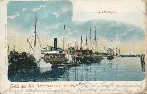 PC40957 Gruss aus dem Nordseebade Cuxhaven. Im Loschhafen. Alb. Fick. 1901. B. H