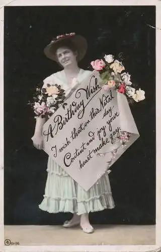 PC43446 Grüße. Ein Geburtstagswunsch. Frau und Blumen. Aristophot. RP. 1910