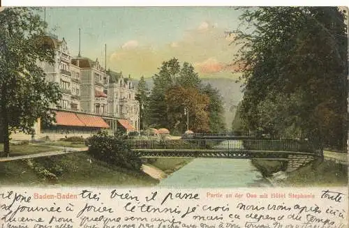 PC41039 Baden Baden. Partie an der Oos mit Hotel Stephanie. Friedr. Spione. 1907.