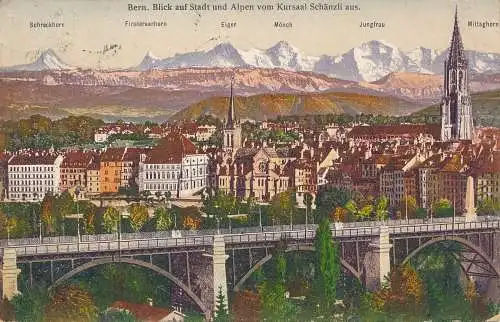 PC43610 Bern. Blick auf Stadt und Alpen vom Kursaal Schanzli aus. 1912. B. Hopki