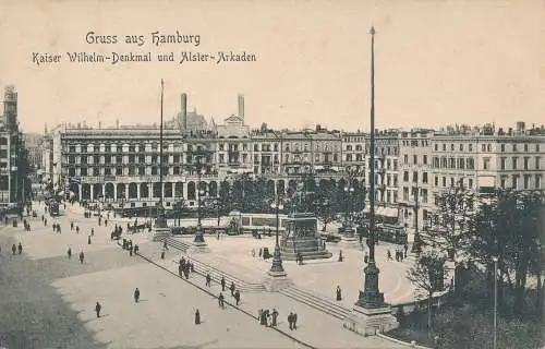 PC46878 Gruss aus Hamburg. Kaiser Wilhelm Denkmal und Alster Arkaden. B. Hopkins