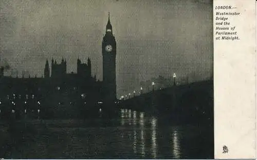 PC01243 London. Westminster Bridge und Parlamentsgebäude. Tuck. Midnight Londo