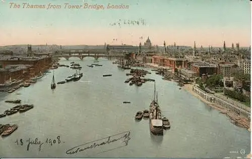 PC01400 Themse von Tower Bridge. London. 1908. Valentinstag