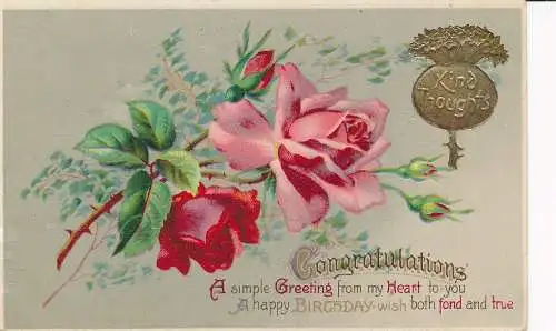 PC02524 Grußpostkarte. Herzlichen Glückwunsch. Freundliche Gedanken. Rosen. 1912