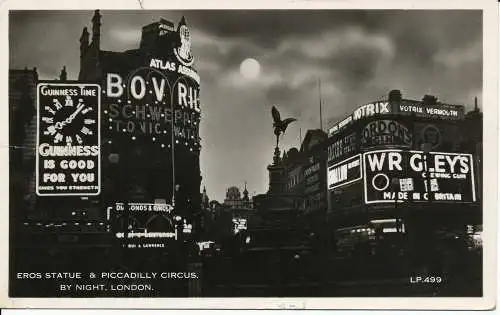 PC03989 Eros Statue. Piccadilly Circus bei Nacht. London. 1955. RP