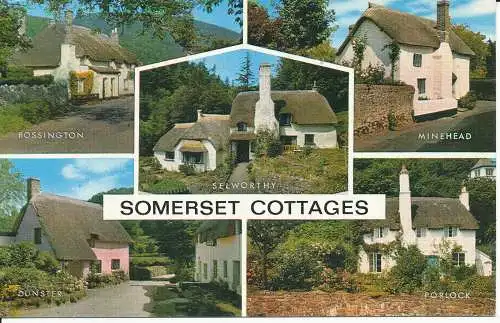 PC06947 Somerset Cottages. Multi-View-Postkarte. Lachs. 1980