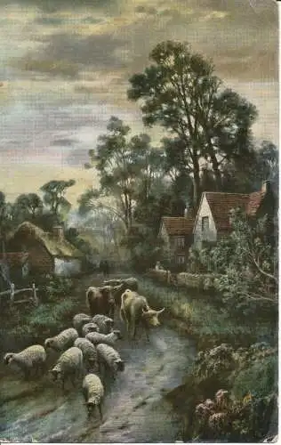 PC10648 altes Gemälde. Tiere auf dem Weg in der Nähe des Dorfes. Nr. 1776