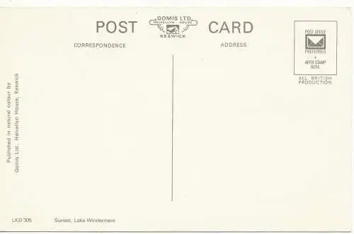 PC11805 Sonnenuntergang. Lake Windermere. Gomis. Nr. LKD 305. RP