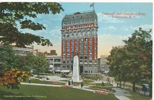 PC09845 Cenotaph und Dominion Bldg. Vancouver. B.C. Kanada. Coast Publishing