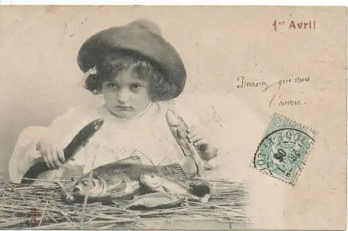 PC12969 alte Postkarte. Witz vom 1. April. Baby mit Fisch. 1905